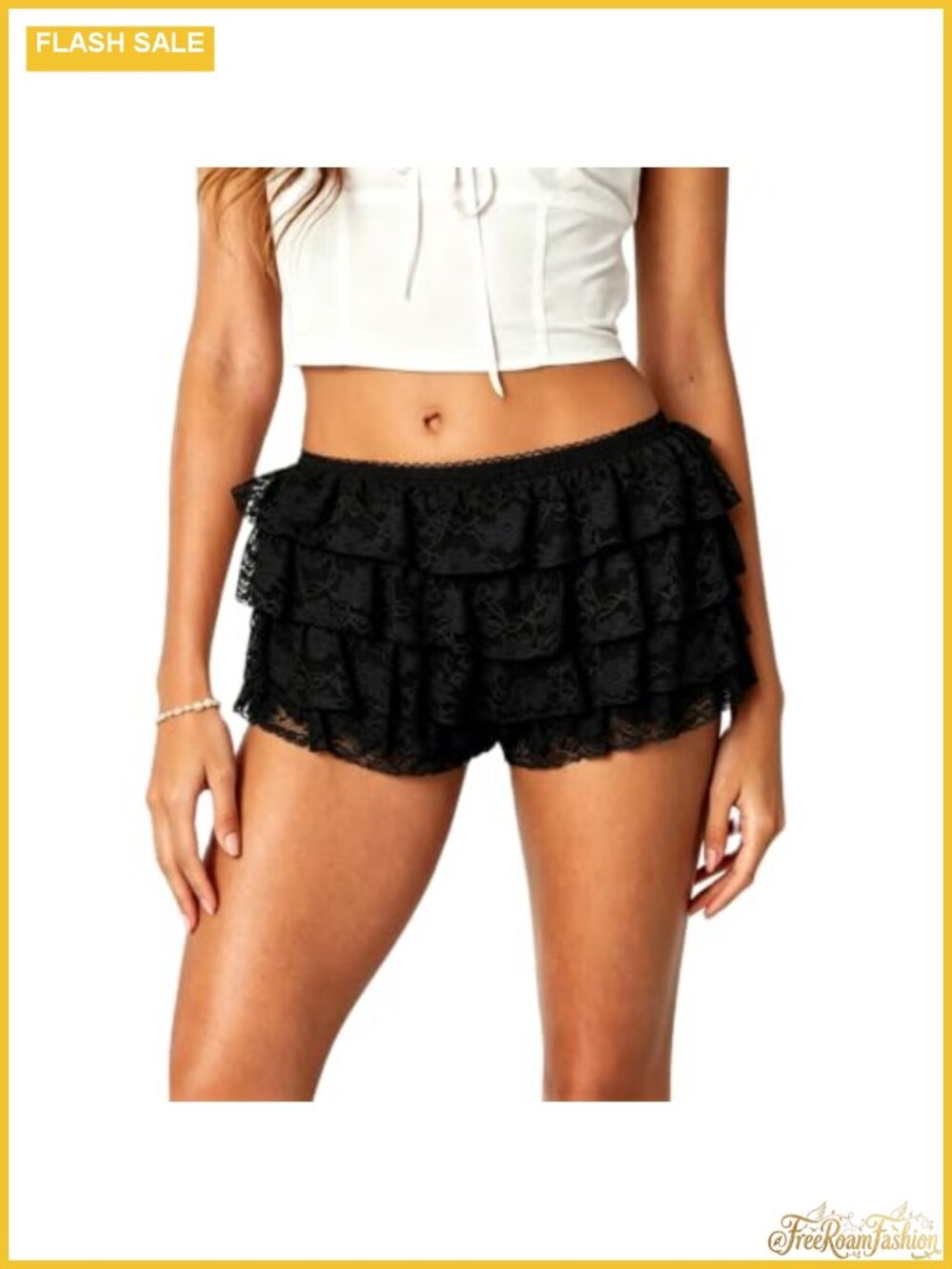 Lace Tiered Ruffle Shorts Slim Fit Elastic Waist Pull On Summer